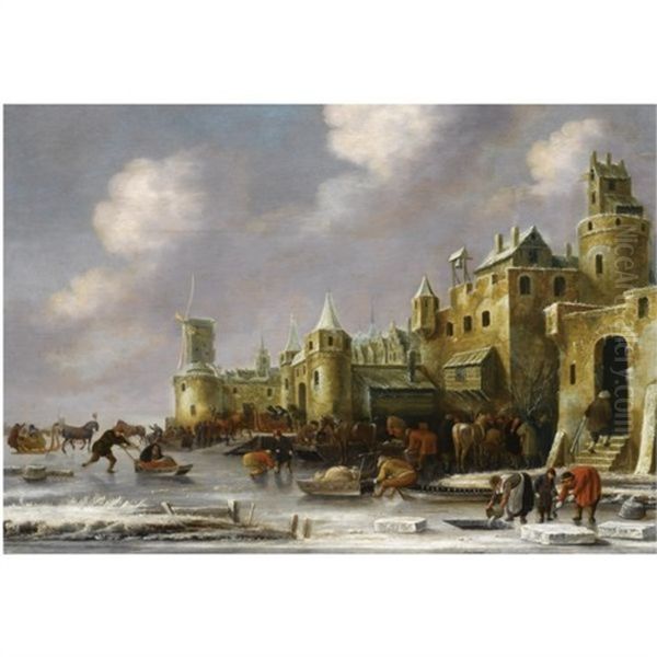 A Winter Landscape With Figures In Horse-drawn Sleighs And Villagers Skating On A Frozen River Outside City Walls Oil Painting by Thomas Heeremans