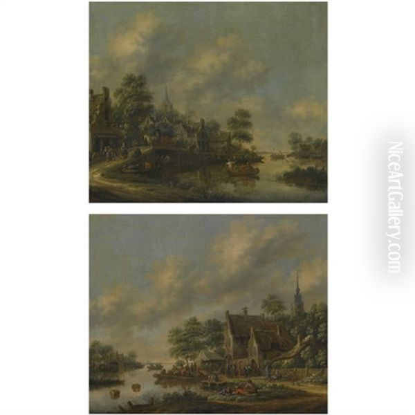 A River Passing Through A Village, With Travellers On A Road To The Left (+ A River Landscape With Villagers Making Merry At A Fair; Pair) Oil Painting by Thomas Heeremans