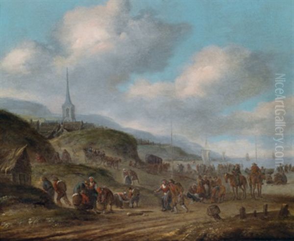 Eine Belebte Strandlandschaft Bei Scheveningen Mit Landenden Schiffen, Im Hintergrund Eine Kirche Oil Painting by Thomas Heeremans