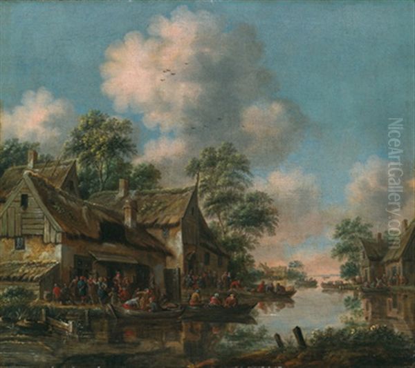 Flusslandschaft Mit Ablegenden Kahnen In Einem Dorf Oil Painting by Thomas Heeremans