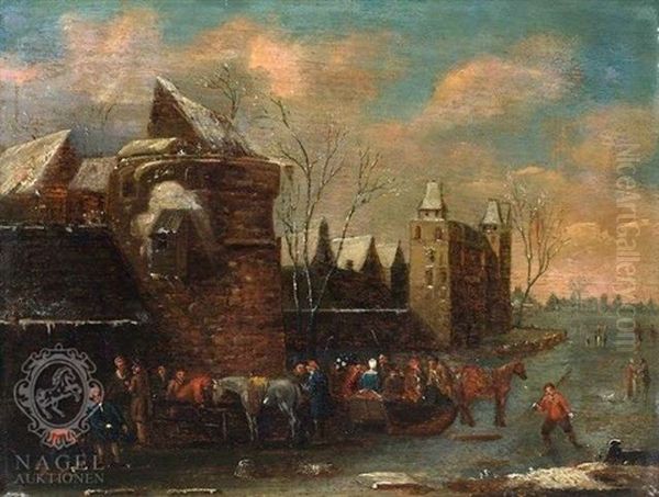 Eisvergnugen Auf Einem Kanal Vor Einer Stadtmauer Oil Painting by Thomas Heeremans