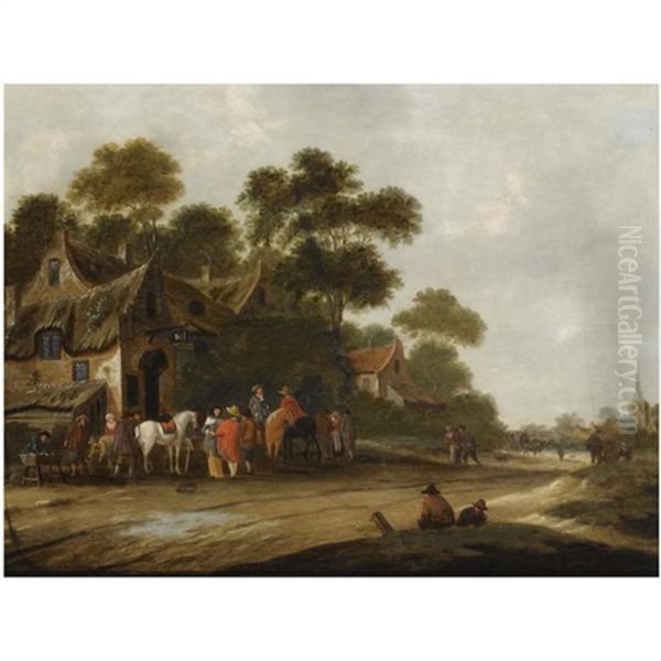 Travellers Resting With Their Horses In Front Of A Tavern In A Village Street, A View Of A Church Beyond Oil Painting by Thomas Heeremans