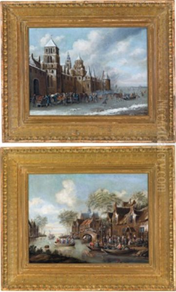 Winterliches Eisvergnugen Mit Schlittschuhlaufern (+ Sommerliches Dorffest An Einem Fluss Im Hintergrund Ein Fang Den Aalwettkampf, Gegenstucke; Pair) Oil Painting by Thomas Heeremans