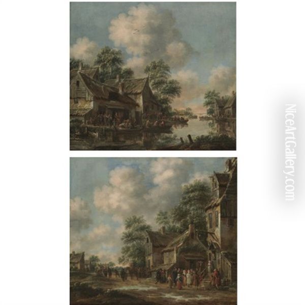 A River Landscape With Townsfolk Boarding Boats (+ A Townscape With Villagers Congregating Outside An Inn; Pair) Oil Painting by Thomas Heeremans