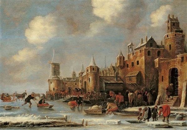 Eisvergnugen Vor Einer Stadtmauer Oil Painting by Thomas Heeremans