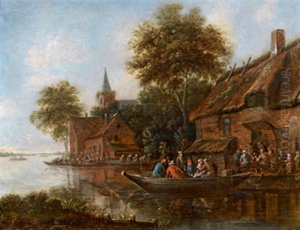 Eine Flusslandschaft Mit Beladenen Fahrbooten Oil Painting by Thomas Heeremans