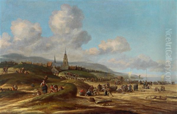 Blick Auf Scheveningen, Mit Vielen Figuren Und Booten Oil Painting by Thomas Heeremans