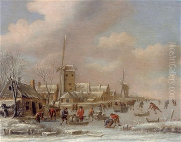 Eisvergnugen Vor Einem Hollandischen Dorf Oil Painting by Thomas Heeremans