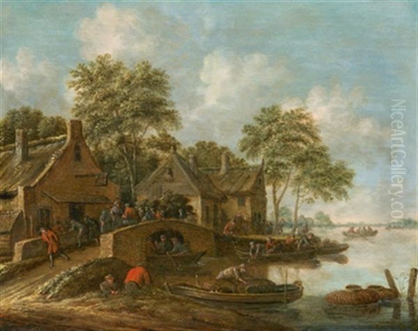 Flusslandschaft Mit Einem Dorf, Booten Und Vielen Figuren Oil Painting by Thomas Heeremans