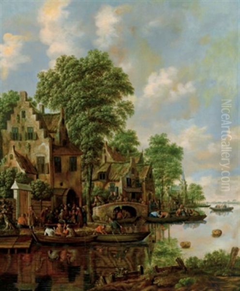 Hauser An Einem Fluss Mit Vielen Figuren Und Booten Oil Painting by Thomas Heeremans