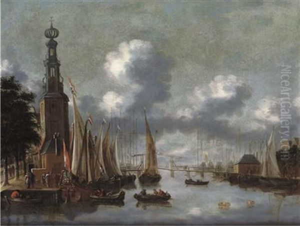 The Montelbaanstoren With The Oude Schans, Amsterdam (+ The Haringpackerstoren With The Damrak And The Ij, Amsterdam; Pair) Oil Painting by Thomas Heeremans