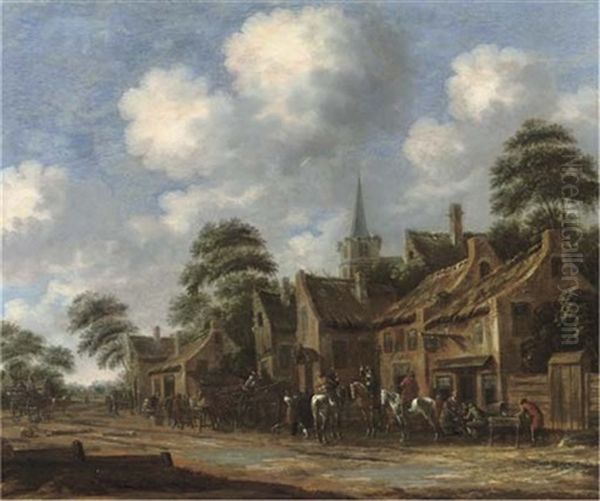 A Village With Horsemen, Carriages And Peasants Outside An Inn Oil Painting by Thomas Heeremans