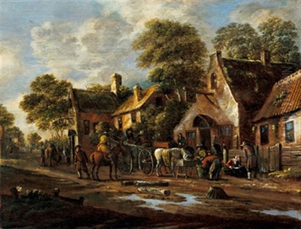 Dorf An Einem Fluss Mit Einem Pferdewagen, Rastendem Reiter Und Anderen Figuren Oil Painting by Thomas Heeremans