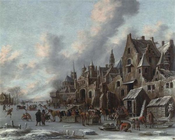 Ein Gefrorener Kanal Vor Den Mauern Einer Stadt Mit Pferdeschlitten Und Schlittschuhlaufern Oil Painting by Thomas Heeremans