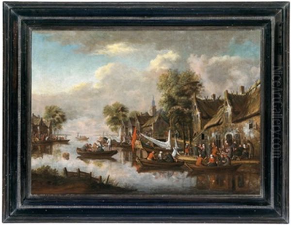 Dorf An Einem Fluss Mit Vielen Booten Und Figuren Oil Painting by Thomas Heeremans