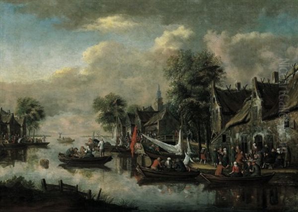 Dorf An Einem Fluss Mit Vielen Booten Und Figuren Oil Painting by Thomas Heeremans