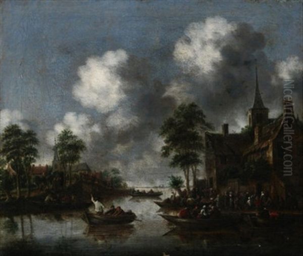 Dorffest Am Ufer Eines Flusarmes, Auf Dem Wasser Zahlreiche Ubersetzende Ruderboote Oil Painting by Thomas Heeremans