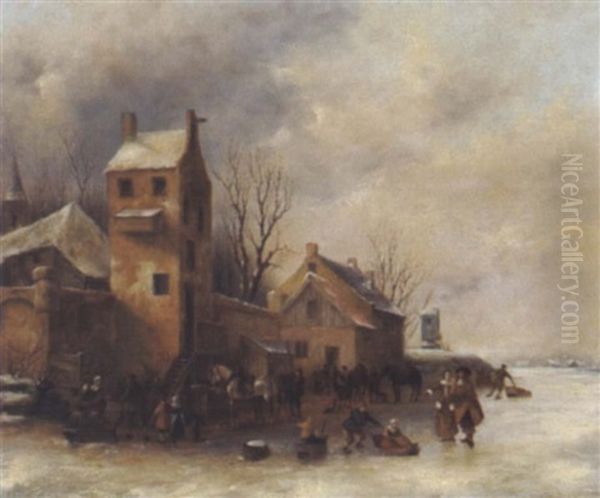 Ein Dorf Im Winter, Eisvergnugen, Mit Vielen Figuren Und Pferden Oil Painting by Thomas Heeremans