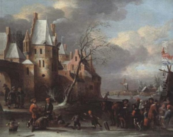 Winter Landscape With Figures On The Ice Oil Painting by Thomas Heeremans