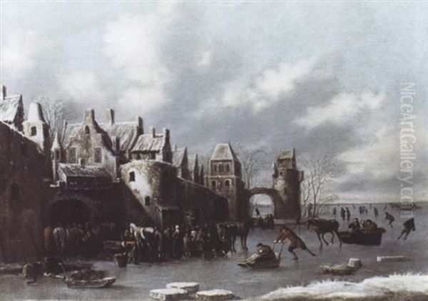 Vue D'une Ville Avec Villageois S'appretant A Partir En Traineau Sur La Glace Oil Painting by Thomas Heeremans