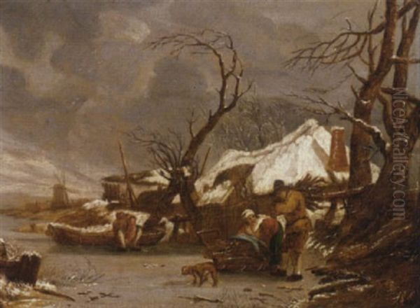 A Winter Landscape With Peasants Gathering Wood By A Frozen River Before A Cottage Oil Painting by Thomas Heeremans