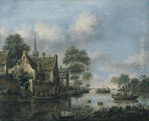 A River Landscape With Many Figures In Small Boats And On The Bank Near An Inn, A Game Of Pulling The Goose, Beyond Oil Painting by Thomas Heeremans