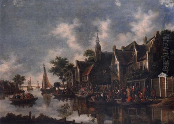 A Riverside Village With Peasants In Rowing Boats Oil Painting by Thomas Heeremans