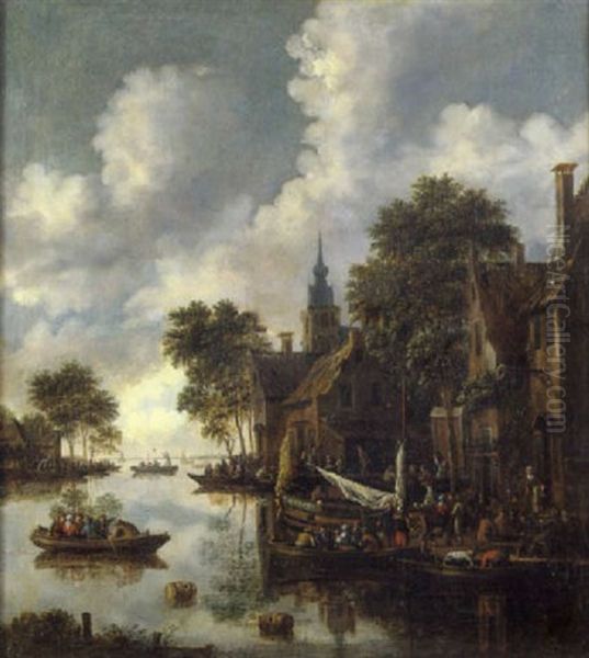 Village Au Bord De La Riviere Oil Painting by Thomas Heeremans