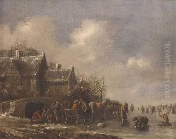 Winter Landscape With Skaters And A Horsedrawn Sleigh On The Ice Oil Painting by Thomas Heeremans