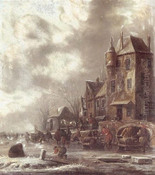 A Winter Scene With Figure Skating On A Frozen River Before Horses Oil Painting by Thomas Heeremans