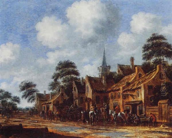 Officers Halting Before The Swan Inn Oil Painting by Thomas Heeremans