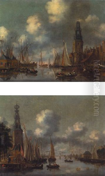 A View Of The Oude Schans, Amsterdam, Seen From The Scheepjesbrug Looking North Towards The Ij With The Montelbaanstoren On The Left Oil Painting by Thomas Heeremans