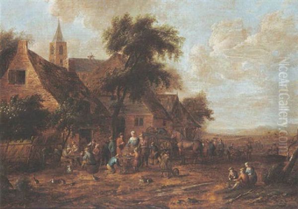 A Village Scene With Figures Smoking And Drinking Outside An Inn And A Bird Market Oil Painting by Thomas Heeremans