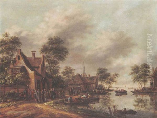 A River Landscape With A Village Kermesse And Ganzentrekken Oil Painting by Thomas Heeremans