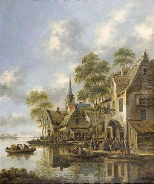 An Estuary With Figures In Ferryboats Before A Tavern Oil Painting by Thomas Heeremans