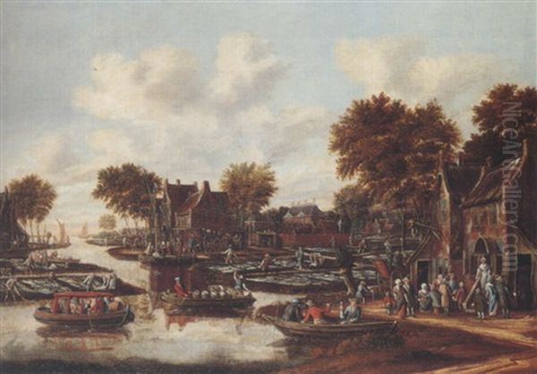 A Village And Bleaching Grounds On The Banks Of A River Oil Painting by Thomas Heeremans