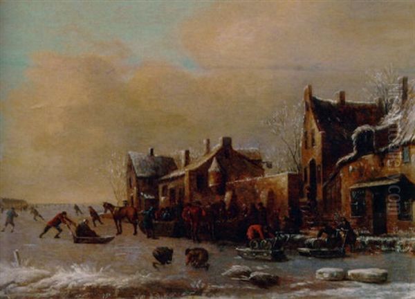 A Winter River Landscape With Skaters By A Village Oil Painting by Thomas Heeremans