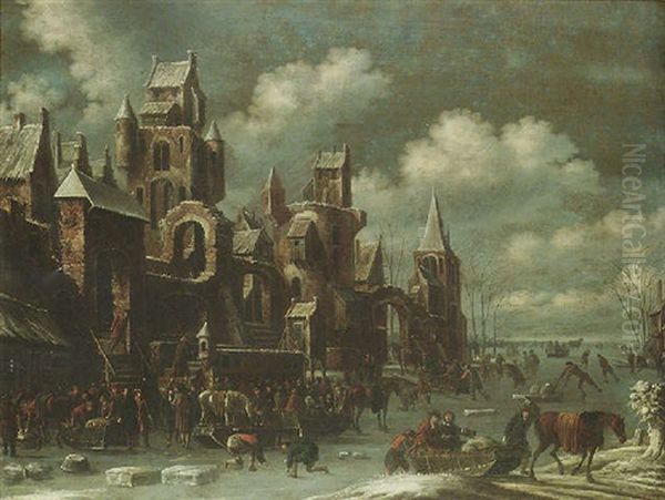 A Winter Landscape With Figures Skating On A Frozen River, Others Conversing And Feeding Their Horses Outside A Walled Town Oil Painting by Thomas Heeremans