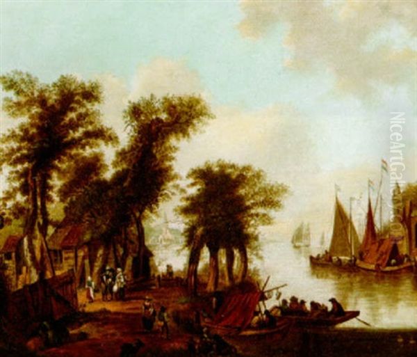 A River Landscape With Boats And Figures Near A Quarry Oil Painting by Thomas Heeremans