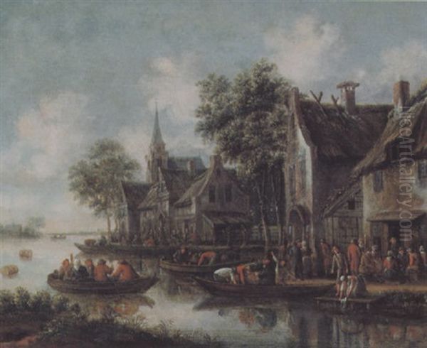 Dorf An Einem Fluss Mit Vielen Figuren Und Booten Oil Painting by Thomas Heeremans