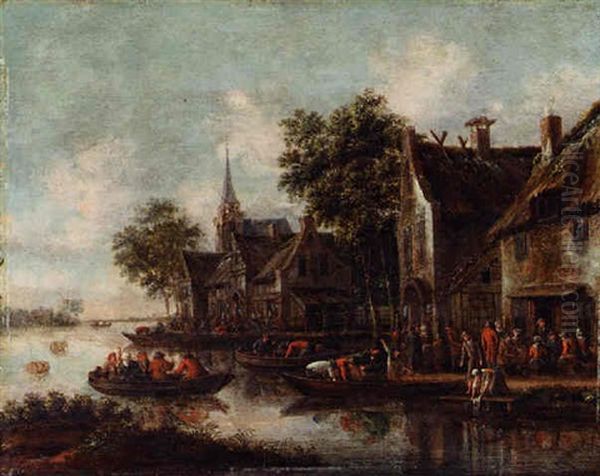 A River Landscape With Ferry Boats On The Outskirts Of A Village Oil Painting by Thomas Heeremans