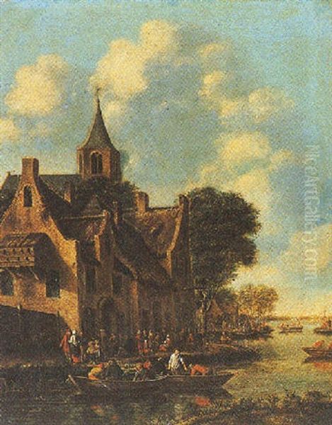 A Village Scene With People In Boats On A River And Other Figures Standing Near Houses Oil Painting by Thomas Heeremans