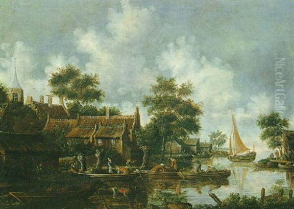 Paysage Fluvial Avec Des Embarcations De Pecheurs Oil Painting by Thomas Heeremans