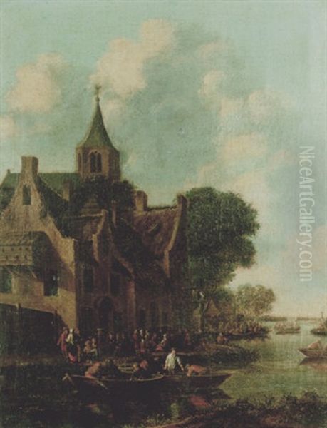 Figures In Ferries By A Hamlet On An Estuary Oil Painting by Thomas Heeremans