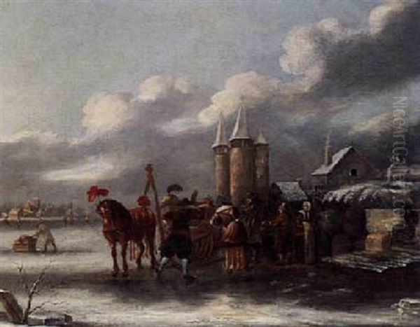 A Winter Landscape With A Horse-drawn Sleigh And Figures On The Ice Oil Painting by Thomas Heeremans