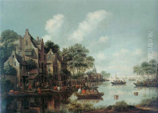 A Village On An Estuary With Numerous Figures And Boats Outside An Inn Oil Painting by Thomas Heeremans