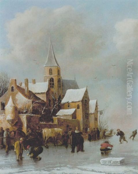 Kirchdorf An Einem Zugefrorenen Kanal Mit Schlittschuhlaufern Oil Painting by Thomas Heeremans