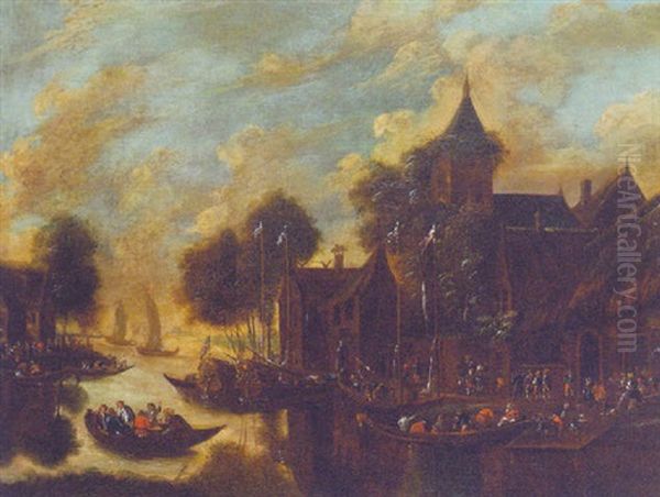 A River Landscape With Peasants And Boats By A Village Landing Stage Oil Painting by Thomas Heeremans