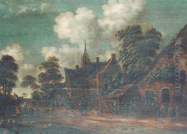 Figures Outside A Tavern In A Village Street Oil Painting by Thomas Heeremans