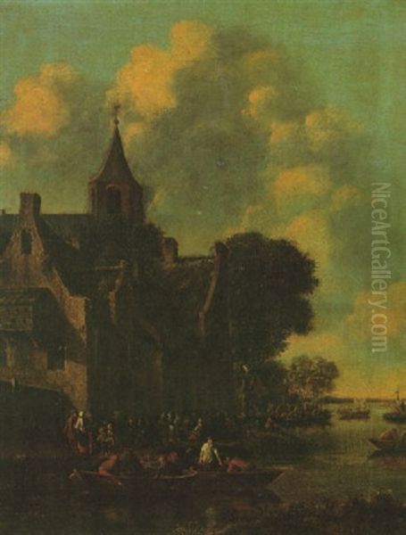 A River Scene With Numerous Figures On The Shore By A Church And Figures In Dinghies In The Foreground Oil Painting by Thomas Heeremans